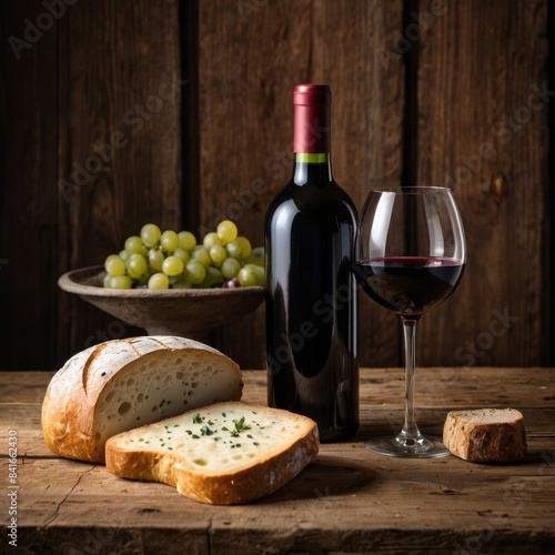 A rustic scene with a bottle of red wine, a glass, a loaf of bread, and fresh grapes on a wooden table, capturing a classic wine-tasting experience.