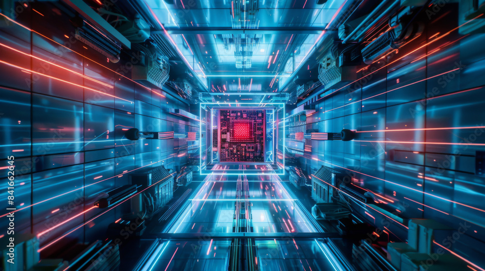 A computer chip is shown in a futuristic, neon-lit room A computer chip is shown in a futuristic, neon-lit room