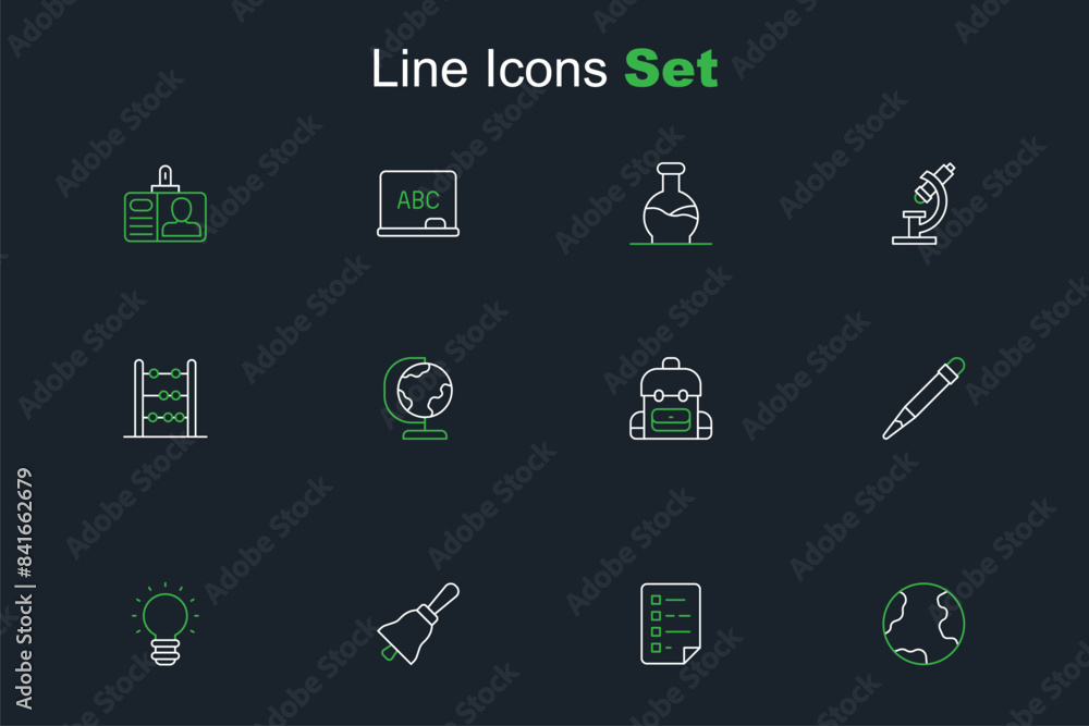 Set line Earth globe, Clipboard with checklist, Ringing bell, Creative lamp light idea, Pencil eraser, School backpack, and Abacus icon. Vector Set line Earth globe, Clipboard with checklist, Ringing bell, Creative lamp light idea, Pencil eraser, School backpack, and Abacus icon. Vector