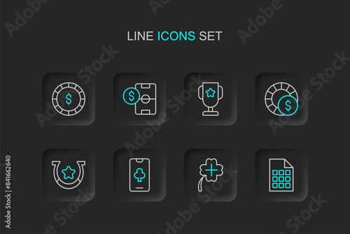 Set line Lottery ticket, Casino slot machine with clover, Online poker table game, Horseshoe, chips, trophy cup, Football betting money and dollar icon. Vector