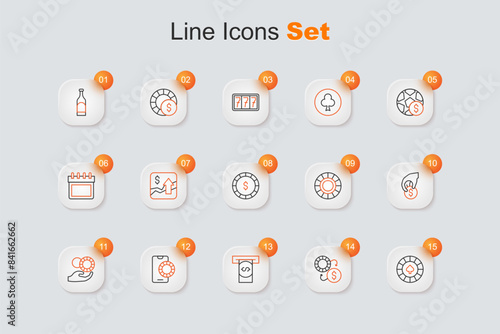 Set line Casino chips, exchange, Automated teller machine and money, Online sports betting, Hand holding casino, and with dollar icon. Vector