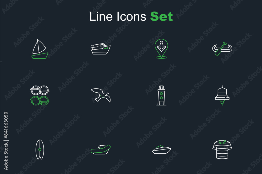 Set line Striped sailor t-shirt, Speedboat, Inflatable with motor, Surfboard, Ship bell, Lighthouse, Bird seagull and Nautical rope knots icon. Vector Set line Striped sailor t-shirt, Speedboat, Inflatable with motor, Surfboard, Ship bell, Lighthouse, Bird seagull and Nautical rope knots icon. Vector