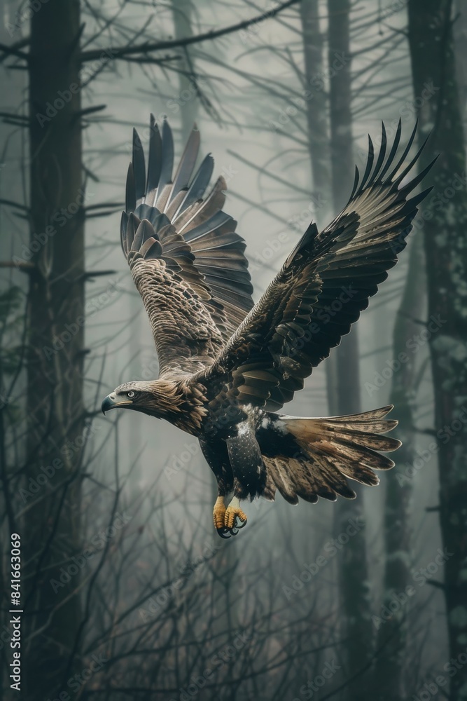 Obraz premium inspiring sight of an eagle flying through a dense forest