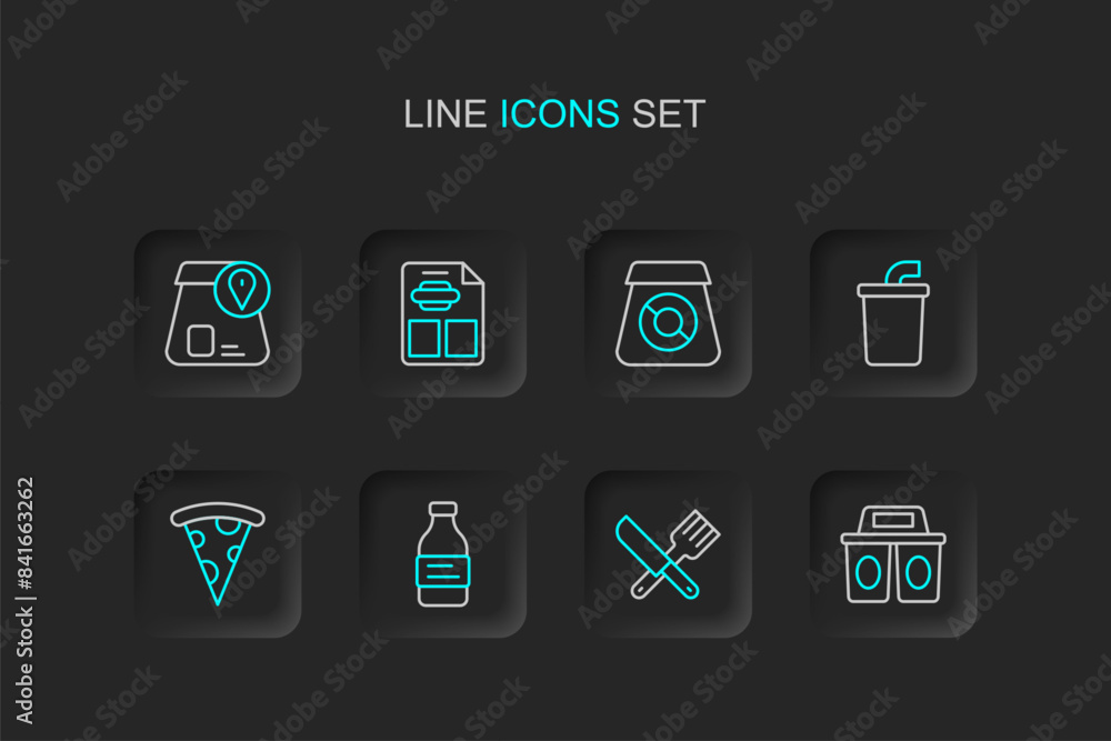 Set line Coffee cup to go, Crossed knife and fork, Bottle water, Slice pizza, Paper glass with, Online ordering food, Restaurant cafe menu and icon. Vector Set line Coffee cup to go, Crossed knife and fork, Bottle water, Slice pizza, Paper glass with, Online ordering food, Restaurant cafe menu and icon. Vector