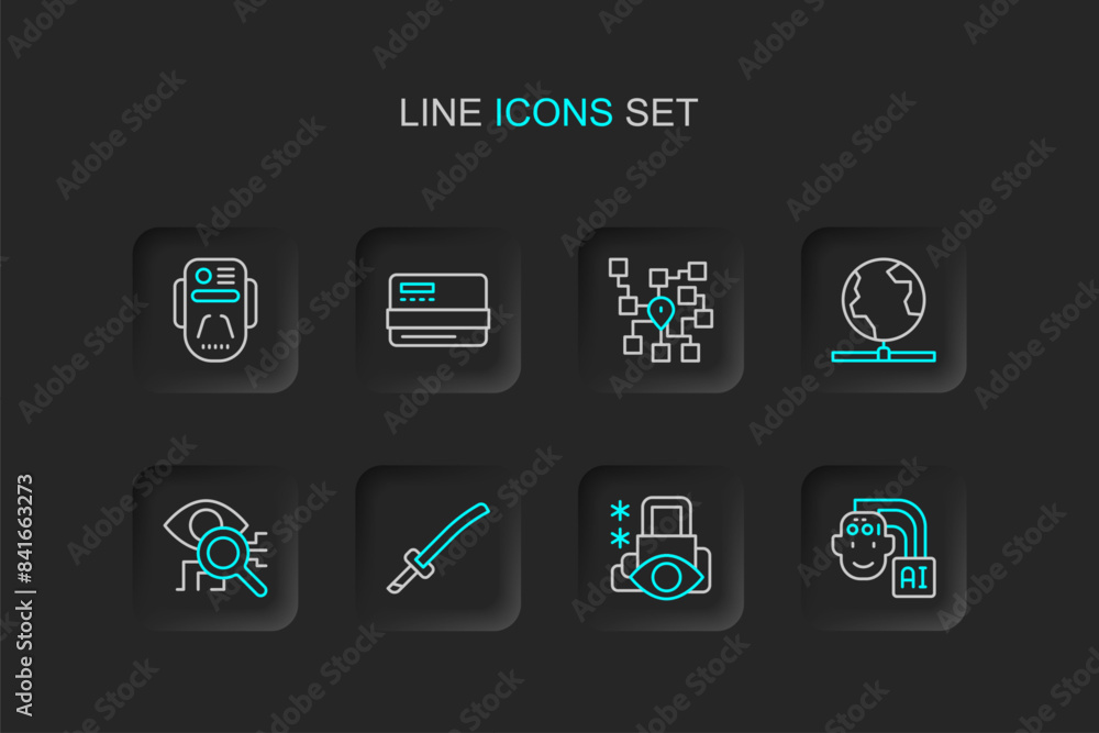 Set line Humanoid robot, Cyber security, Katana, Eye scan, Global technology, Neural network, Credit card and Artificial intelligence icon. Vector Set line Humanoid robot, Cyber security, Katana, Eye scan, Global technology, Neural network, Credit card and Artificial intelligence icon. Vector