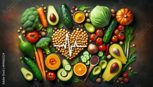 health background from a cardiogram line, heart shape from seeds, grains, greens among bright vegetables, chickpeas, carrots, broccoli, avocado, cucumbers, pumpkin, tomatoes. photo