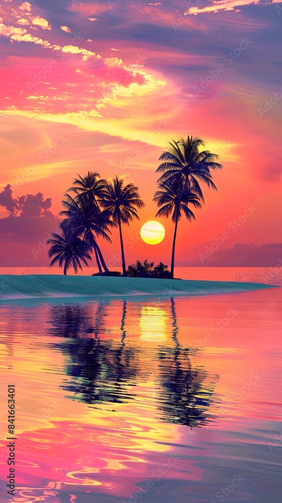 Colourful Sunset on a Paradise Island with Palm Trees, Silhouettes and Glossy Reflective Water. Colourful Sunset on a Paradise Island with Palm Trees, Silhouettes and Glossy Reflective Water.