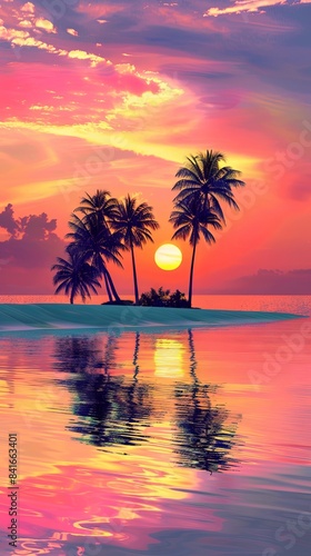 Colourful Sunset on a Paradise Island with Palm Trees  Silhouettes and Glossy Reflective Water.