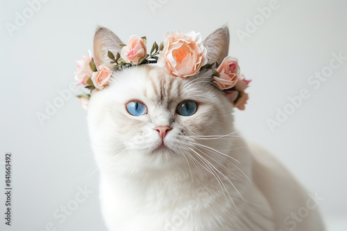 Fluffy white cat with big blue eyes and pink flowers wreath on its head. Beautiful british cat wearing a crown of flowers. Light gray isolated background. Portrait of charming feline. Wedding, bride. © Marina Demidiuk