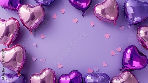 Valentine s Day Celebration with Heart Shaped Air Balloons Framed against Lilac Background photo