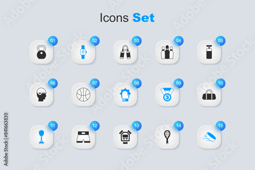 Set Tennis racket, Basketball ball, Smart watch with heart, Punching bag, Hockey puck, Sport, Weight and boxing gloves icon. Vector