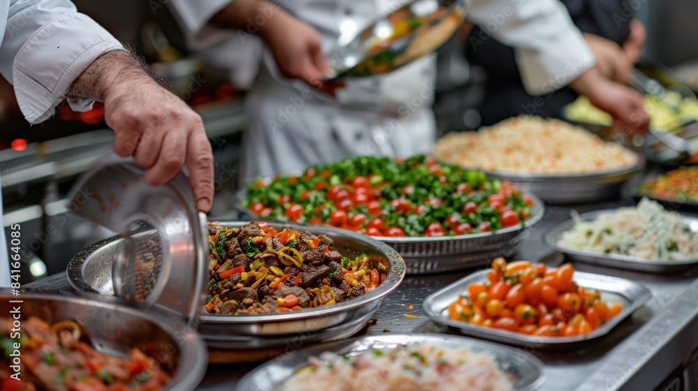 Detailed view of an iftar meal being prepared in a kitchen, with hands arranging food on platters Detailed view of an iftar meal being prepared in a kitchen, with hands arranging food on platters