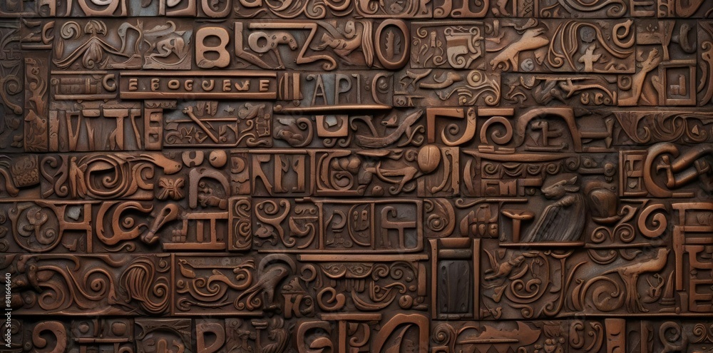 font texture of a brown wooden wall with a pattern of letters and numbers
