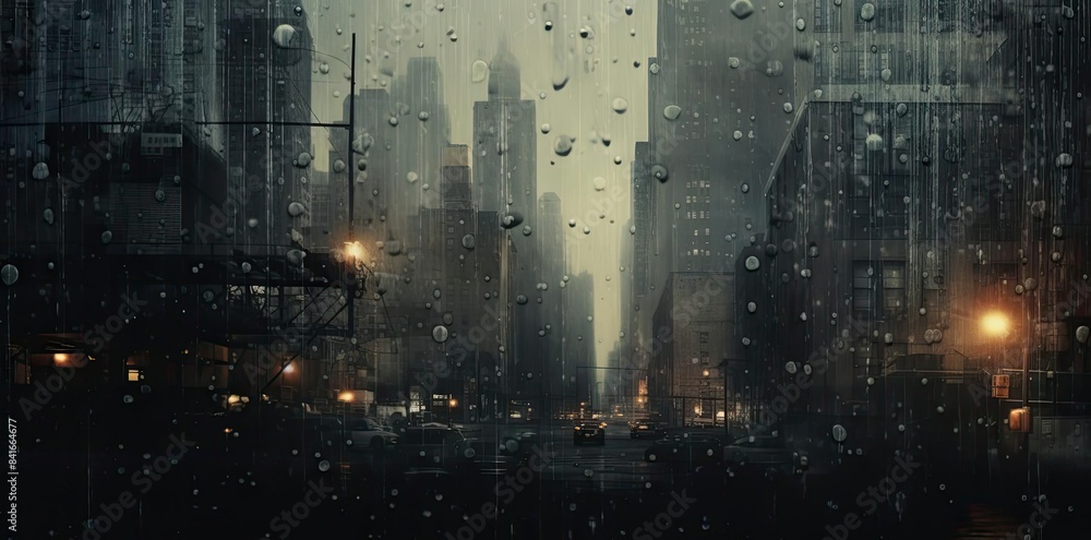film texture overlayed photo of a rainy cityscape featuring tall buildings and a black building