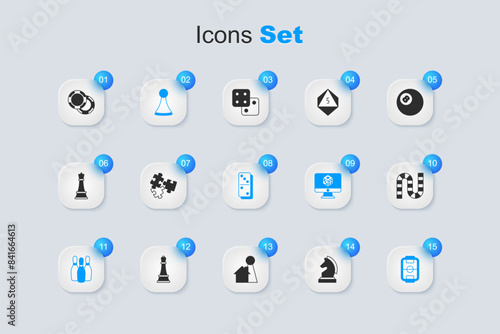 Set Chess, Puzzle pieces toy, Chip for board game, Bowling pin, Table football, Board, Casino chips and Domino icon. Vector