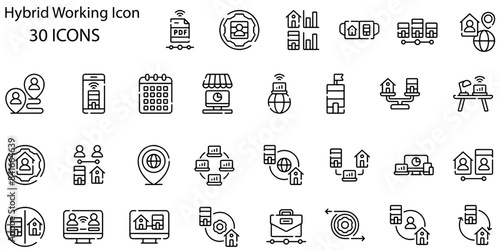 Hybrid working linear icons set. Telework and in office schedule. Customizable thin line symbols. Isolated vector outline illustrations. Editable stroke. Quicksand-Light font used
