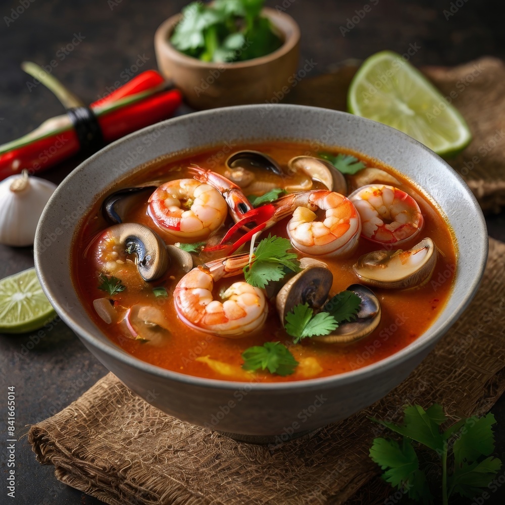 Delicious bowl of Tom Yum soup with shrimp, mushrooms, and fresh herbs, showcasing a classic Thai dish. Delicious bowl of Tom Yum soup with shrimp, mushrooms, and fresh herbs, showcasing a classic Thai dish.