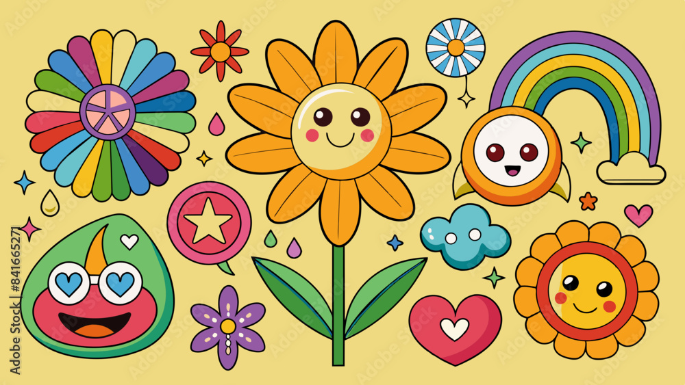 Fototapeta premium Groovy hippie 70s set. Funny cartoon flower, rainbow, peace, Love, heart, daisy, mushroom etc. Sticker pack in trendy retro psychedelic cartoon style. Isolated vector illustration. Flower power.