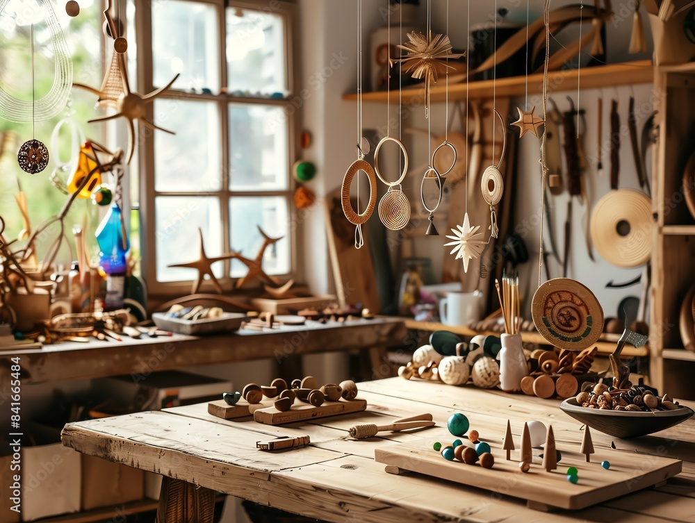 Rustic workshop with wooden crafts and tools. Rustic workshop with wooden crafts and tools.