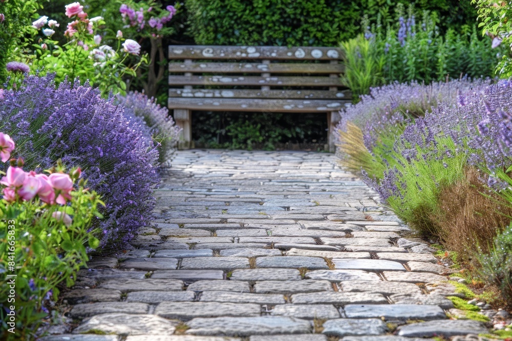 Serene Garden Path with Cobblestone Paving, Lavender, Rose Bushes, and Wooden Bench Serene Garden Path with Cobblestone Paving, Lavender, Rose Bushes, and Wooden Bench