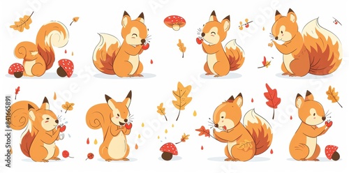 Set of cute squirrel characters  holding an acorn  a heart  and berries