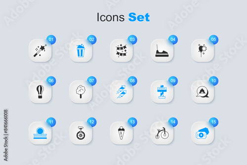Set Vintage bicycle, Cotton candy, Popcorn cardboard box, Roller coaster, Circus ticket, tent, Magic wand and Firework rocket icon. Vector