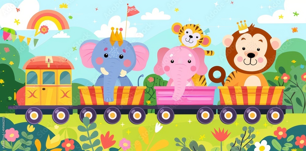 Children can ride toy locomotives and carriages on a fun train with cute animals Children can ride toy locomotives and carriages on a fun train with cute animals