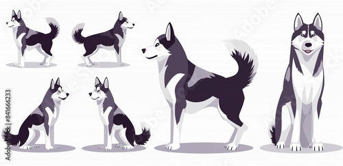 The Husky dog set. Northern sled, Siberian breed, cute family companion for active fun and home security. Modern flat style cartoon illustration isolated on white background.