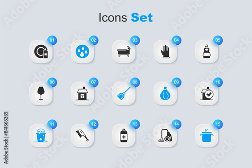 Set Vacuum cleaner, House, Water drop, Bucket with foam and bubbles, Cooking pot, Home cleaning service, Dishwashing bottle plate and Dustpan icon. Vector
