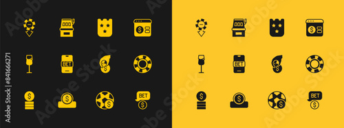Set Online poker table game, Coin money with dollar, Hand holding casino chips, Football betting, sports, Lottery ticket, Casino and Slot machine icon. Vector