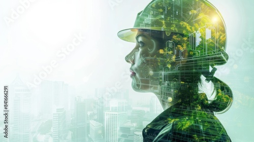 Innovative Sustainable Manufacturing: Engineer with Green Energy Symbols in Double Exposure, Minimalist Design for Eco-friendly Concepts, Bright Background with Copy Space