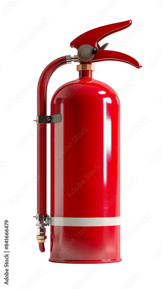 Obraz premium Red fire extinguisher isolated white background, transparent background, essential for safety and emergency use in homes, offices, and public spaces.