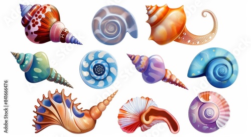 Modern illustration set of cute seashells for rpg gui designs. Colorful nautical or aquarium spiral and scallop conch. © Mark