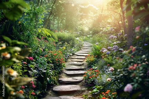 Scenic Garden Path with Sunlit Flowers and Lush Greenery - Perfect for Nature Prints and Garden Design