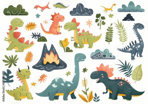 Modern Illustration in simple cartoon hand-drawn style of Dinosaur Set. Cute Dino and other fantastic elements of nature of the prehistoric period.