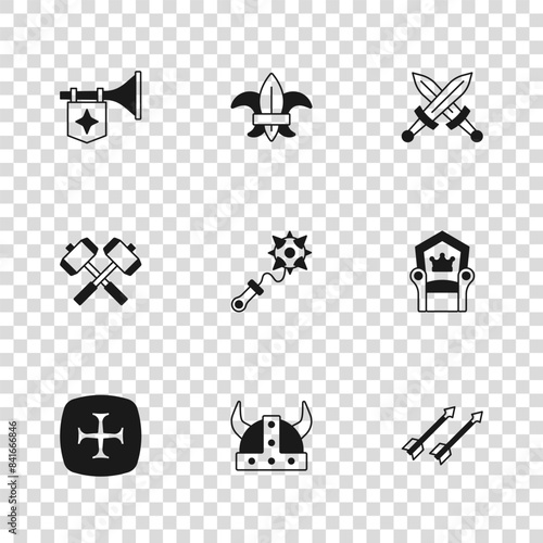 Set Viking in horned helmet, Medieval throne, arrows, Mace with spikes, Crossed medieval sword, Trumpet flag, Fleur de lys lily flower and battle hammers icon. Vector