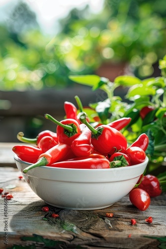 chili pepper in a bowl in a white bowl on a wooden table. Selective focus