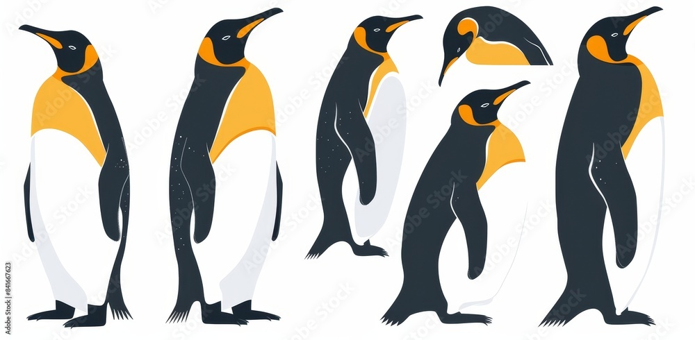 Obraz premium Various species of Antarctic birds. Arctic adelie, blue emperor, chinstrap, royal gentoo. Zoo and wildlife icon. Modern cartoon.