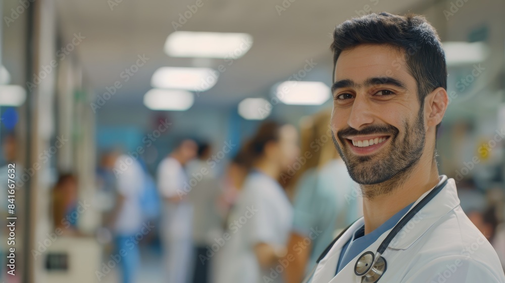 Smiling Doctor with Stethoscope in Busy Hospital for Healthcare, Promotion, and Medical Design Smiling Doctor with Stethoscope in Busy Hospital for Healthcare, Promotion, and Medical Design