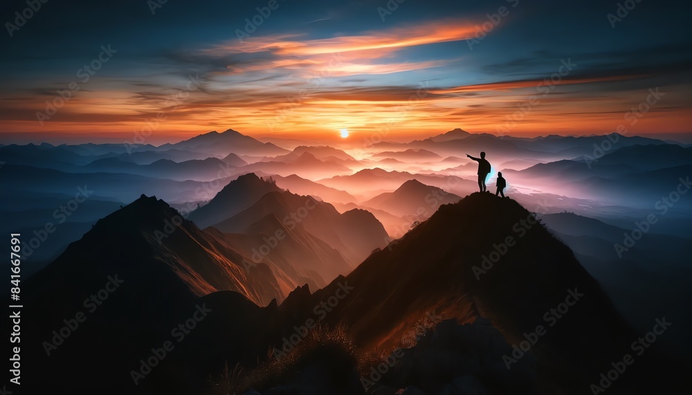 An image of a mountain landscape at sunset with two silhouetted figures standing on a ridge in the foreground An image of a mountain landscape at sunset with two silhouetted figures standing on a ridge in the foreground