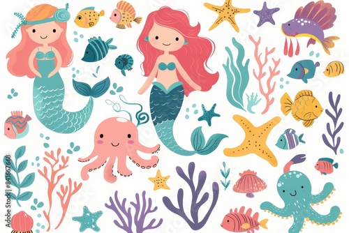 An assortment of sea animals are patchworked onto a white background  including mermaids  fish  whales  dolphins  starfish  crabs  sharks and crabs.