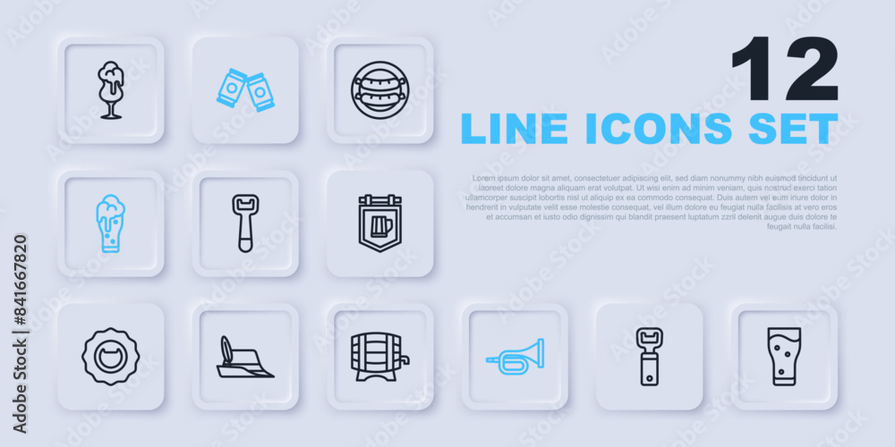 Set line Bottle opener, Glass of beer, Trumpet, Oktoberfest hat, Beer can and Wooden barrel on rack icon. Vector Set line Bottle opener, Glass of beer, Trumpet, Oktoberfest hat, Beer can and Wooden barrel on rack icon. Vector