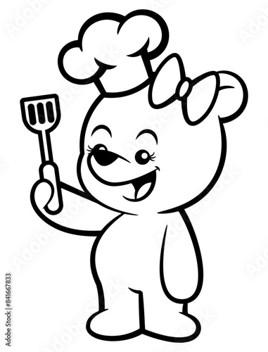 Funny bear cub cartoon characters wearing butterfly hair ties, chef hat, and apron. carrying a spatula and get ready for cooking. Best for outline, logo, and coloring book with culinary themes for kid