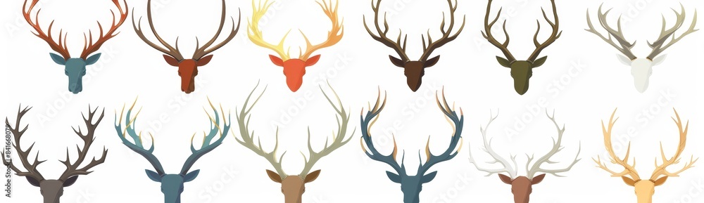 Horny hunting trophy of argali sheep, ibex, african buffalo, stag and reindeer isolated on a white background. Flat icons. Horny hunting trophy of argali sheep, ibex, african buffalo, stag and reindeer isolated on a white background. Flat icons.