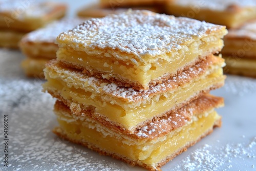 Decadent lemon bars with powdered sugar, presented on a white plate for a tangy and delicious dessert option