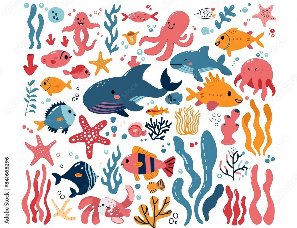 Cartoon modern illustration of marine animals and plants.