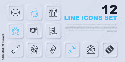 Set line Basketball ball, Football field, Checkered flag, Dumbbell, Target sport, Medal with star, Bowling pin and and Flippers for swimming icon. Vector
