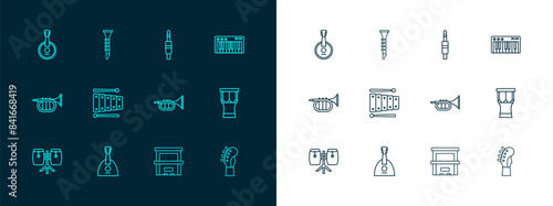Set line Music synthesizer, Balalaika, Trumpet, Piano, Xylophone, Audio jack, Banjo and Clarinet icon. Vector
