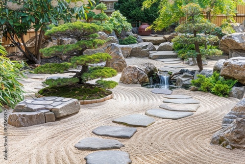 Tranquil Japanese Zen Garden with Raked Sand Pathway, Bonsai Trees, and Waterfall for Meditation Spaces © spyrakot