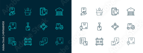 Set line Warehouse, Container, Carton cardboard box, Waybill, Crane with, Document tracking marker, Delivery hand and Unboxing icon. Vector